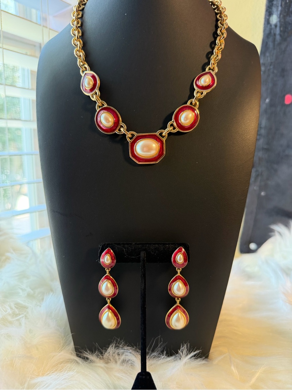 VTG Monet Couture Necklace & Drop Earring Set with Red Enamel & Faux Pearl Cab